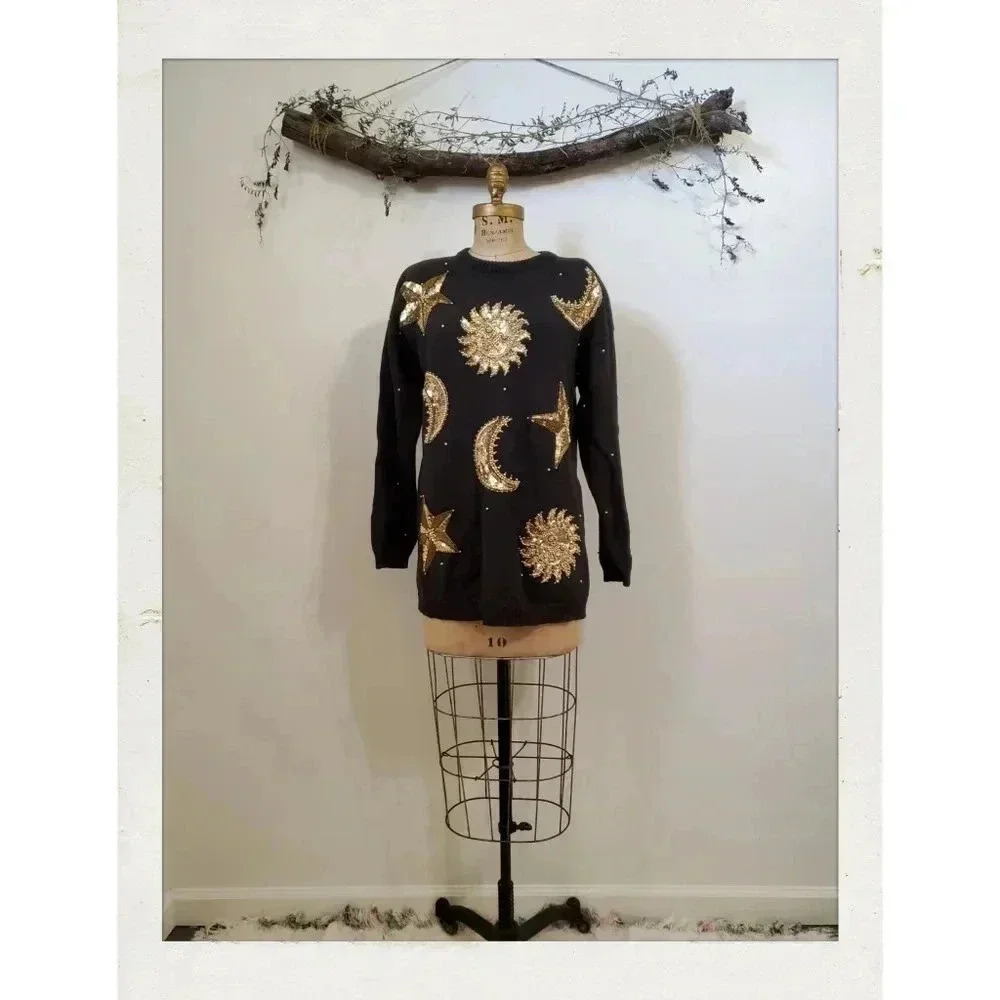 Vintage Celestial Black Gold Sun Solar Universe Retro Batwing Knit Sweater